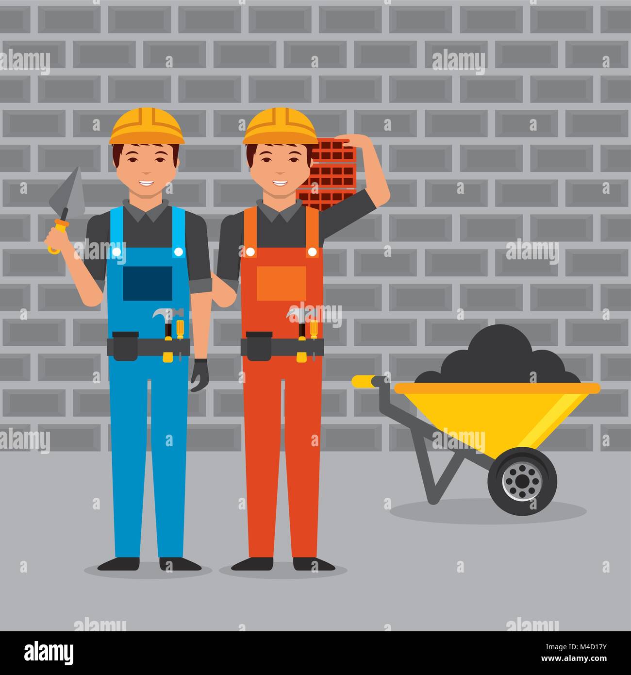 construction workers with helmet overalls spatula bricks wheelbarrow Stock Vector