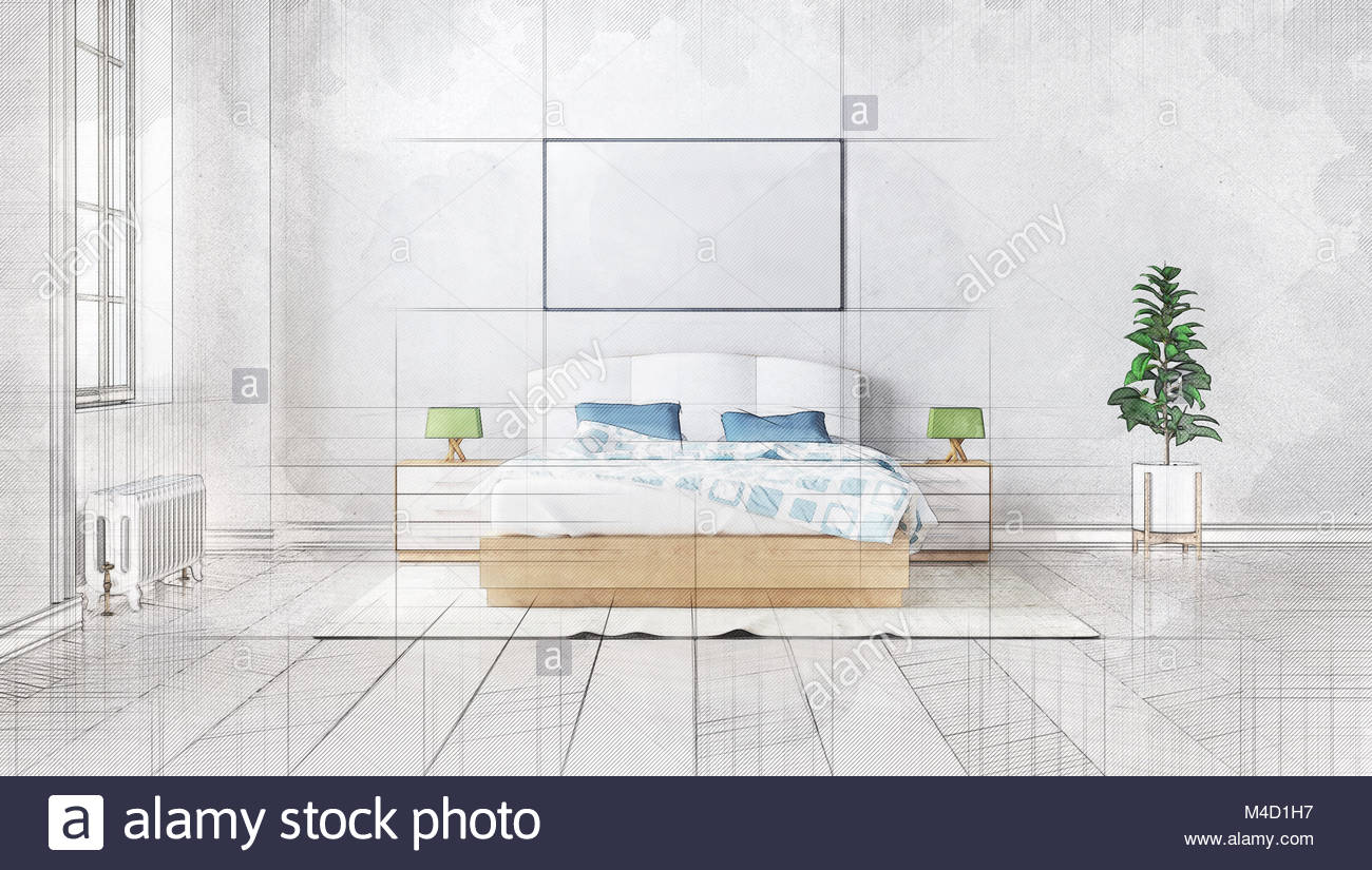 3d Technical Drawing Style Beautiful Bedroom Interior With