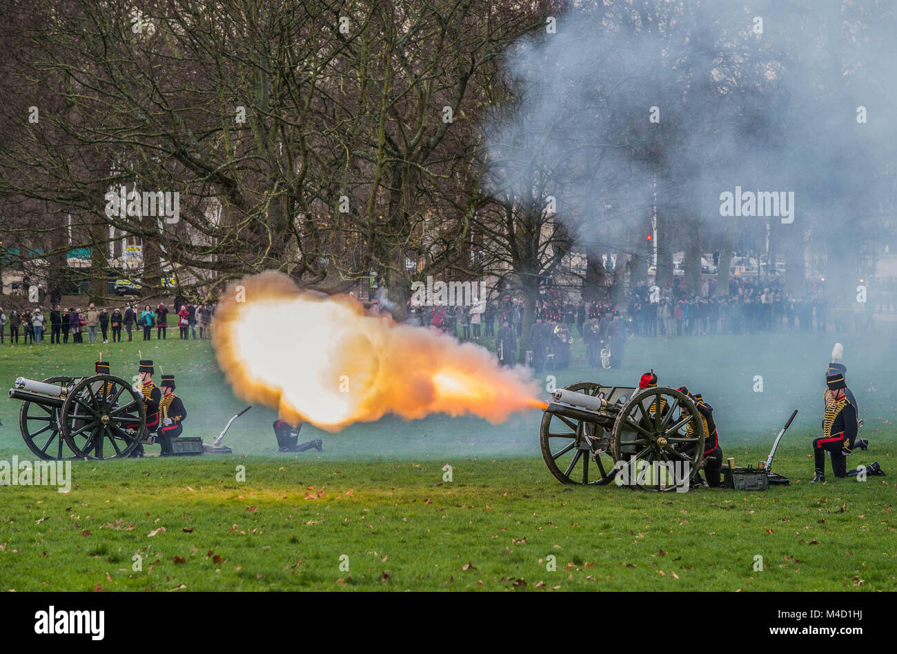 London, UK. 06 February, 2018. The King’s Troop Royal Horse Artillery stage a 41-Gun Salute in Green Park to mark the 66th anniversary of Her Majesty Queen Elizabeth II's Accession to the throne. Stock Photo