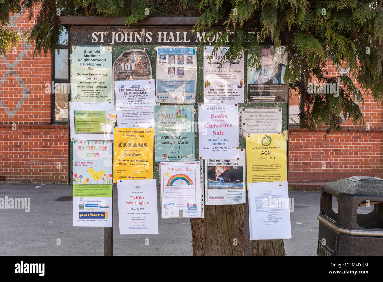 Noticeboard outside community village hall in rural England. Mortimer, Berkshire, England, GB, UK Stock Photo