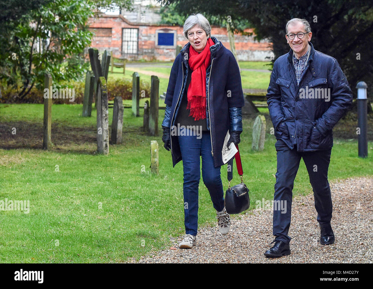Maidenhead, UK. 04 February, 2018. Prime Minister Theresa May, accompanied by her husband Philip, attends a church service near her Maidenhead constituency. Stock Photo