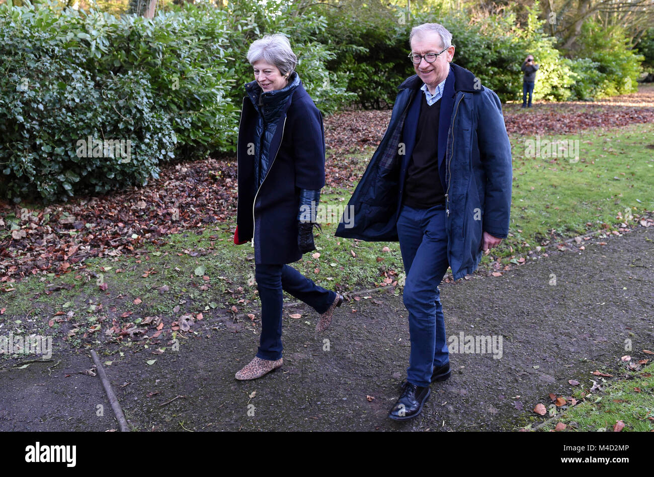 Maidenhead, UK. 11 February 2018. Prime Minister Theresa May, accompanied by her husband Philip, attends a church service near her Maidenhead constituency. Stock Photo