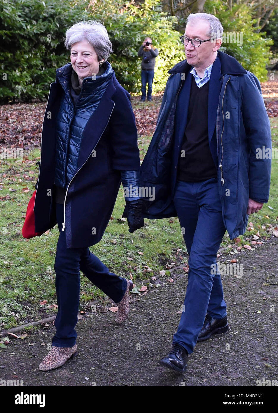 Maidenhead, UK. 11 February 2018. Prime Minister Theresa May, accompanied by her husband Philip, attends a church service near her Maidenhead constituency. Stock Photo