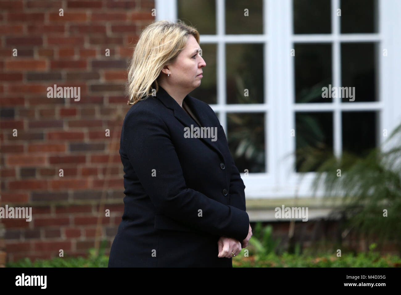Northern Ireland Secretary of State Karen Bradley greets the British Prime Minister Theresa May at Stormont House,  Belfast, Monday, Feb 12th, 2018. Britain's Prime Minister Theresa May and Irish Prime Minister Leo Varadkar are to visit Belfast later for talks with the Stormont parties. It comes amid speculation the DUP and Sinn Féin are close to agreeing a deal to restore devolved government.Photo/Paul McErlane Stock Photo