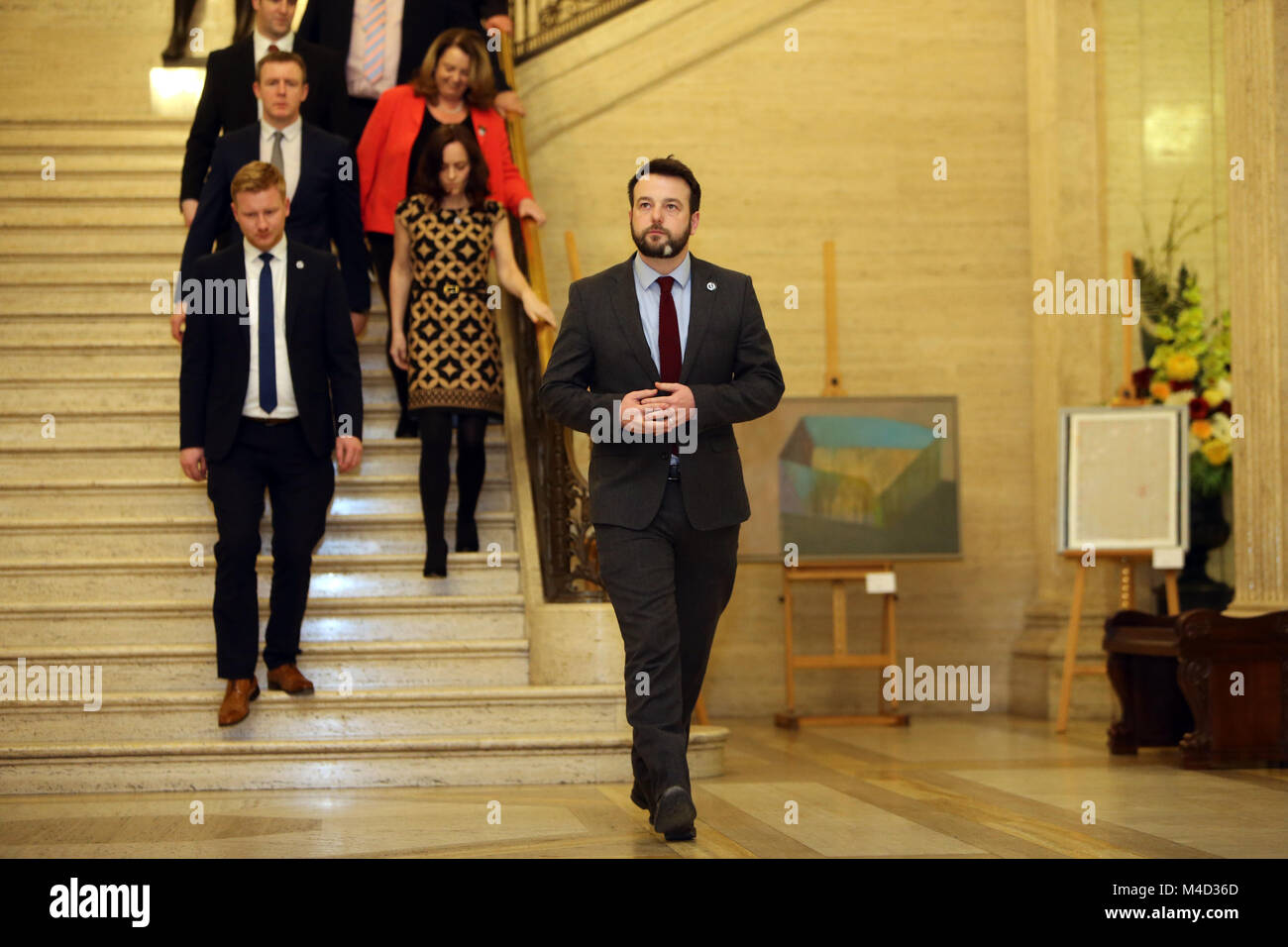 Social Democratic and Labour Party (SDLP) leader Colum Eastwood speaks to the media at Stormont,  Belfast, Monday, Feb 12th, 2018. Britain's Prime Minister Theresa May and Irish Prime Minister Leo Varadkar are to visit Belfast later for talks with the Stormont parties. The Prime Ministers left without a deal to restore devolved government. Stock Photo