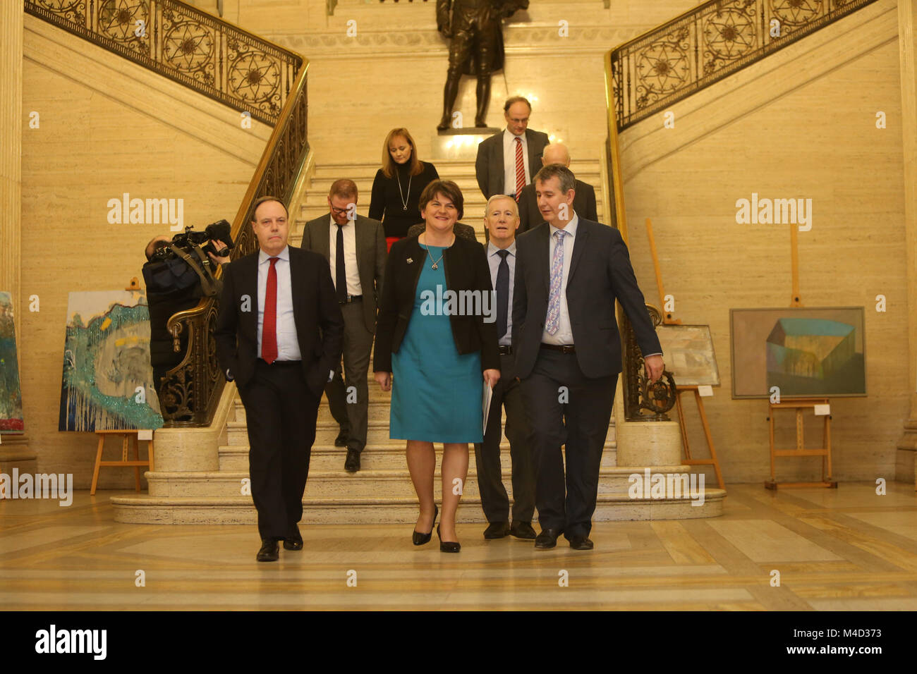 DUP Leader Arlene Foster speaks to the media inside Stormont Parliament Buildings,  Belfast, Monday, Feb 12th, 2018. Britain's Prime Minister Theresa May and Irish Prime Minister Leo Varadkar are to visit Belfast later for talks with the Stormont parties. The Prime Ministers left without a deal to restore devolved government. Stock Photo