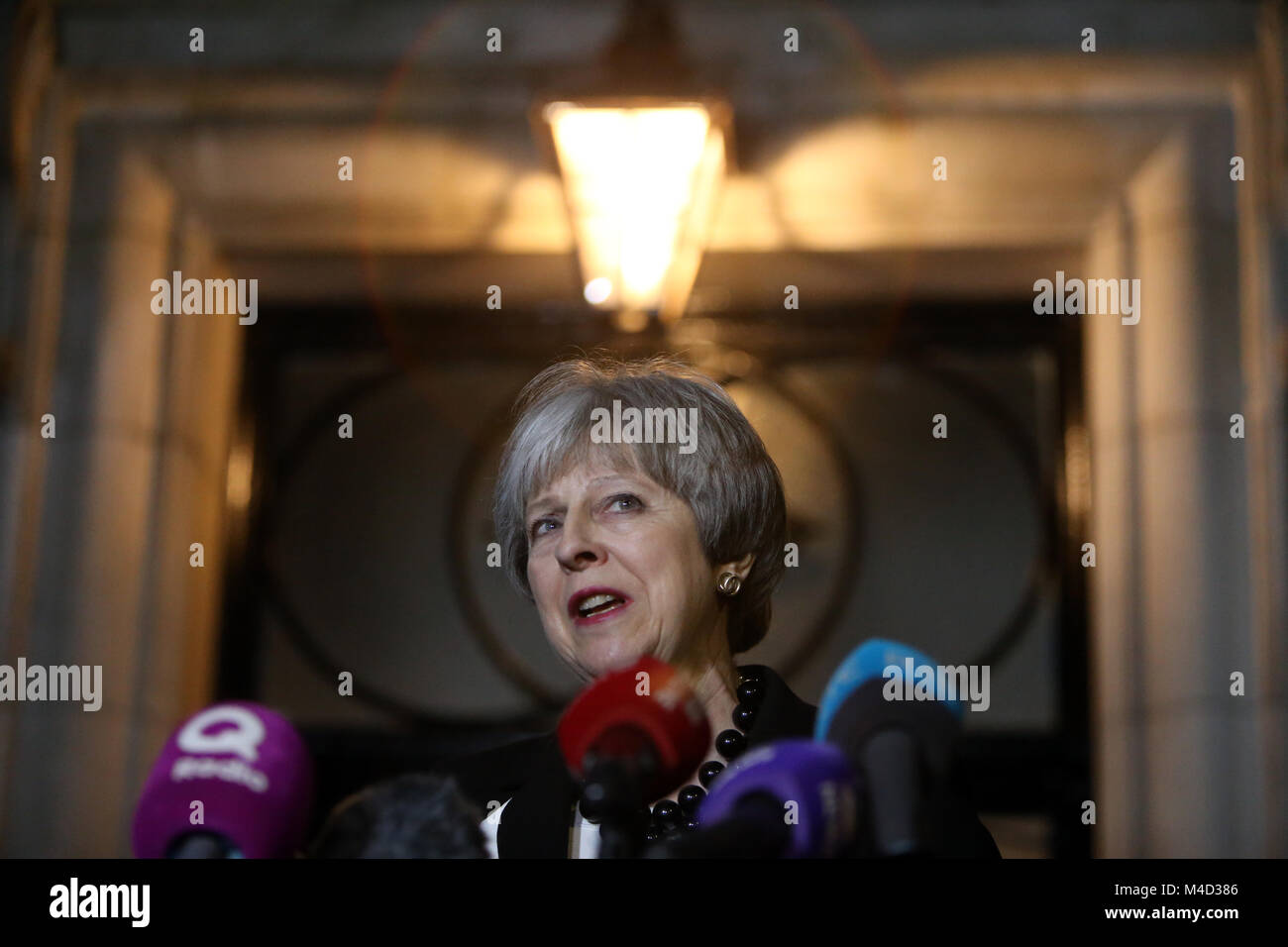British Prime Minister Theresa May speaks to the media at Stormont,  Belfast, Monday, Feb 12th, 2018. Britain's Prime Minister Theresa May and Irish Prime Minister Leo Varadkar are to visit Belfast later for talks with the Stormont parties. The Prime Ministers left without a deal to restore devolved government. Photo/Paul McErlane Stock Photo