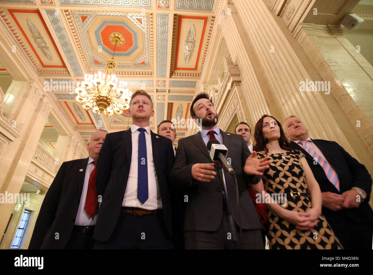 Social Democratic and Labour Party (SDLP) leader Colum Eastwood speaks to the media at Stormont,  Belfast, Monday, Feb 12th, 2018. Britain's Prime Minister Theresa May and Irish Prime Minister Leo Varadkar are to visit Belfast later for talks with the Stormont parties. The Prime Ministers left without a deal to restore devolved government. Stock Photo
