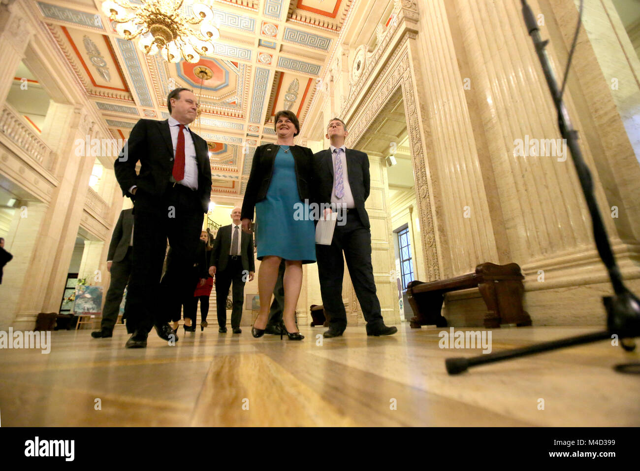DUP Leader Arlene Foster speaks to the media inside Stormont Parliament Buildings,  Belfast, Monday, Feb 12th, 2018. Britain's Prime Minister Theresa May and Irish Prime Minister Leo Varadkar are to visit Belfast later for talks with the Stormont parties. The Prime Ministers left without a deal to restore devolved government. Stock Photo