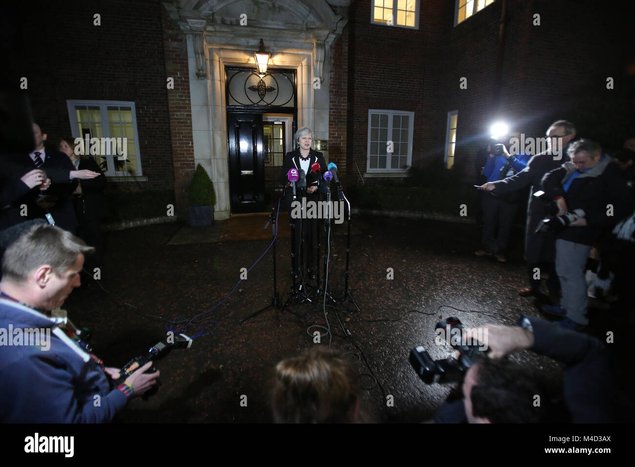 British Prime Minister Theresa May speaks to the media at Stormont,  Belfast, Monday, Feb 12th, 2018. Britain's Prime Minister Theresa May and Irish Prime Minister Leo Varadkar are to visit Belfast later for talks with the Stormont parties. The Prime Ministers left without a deal to restore devolved government. Stock Photo