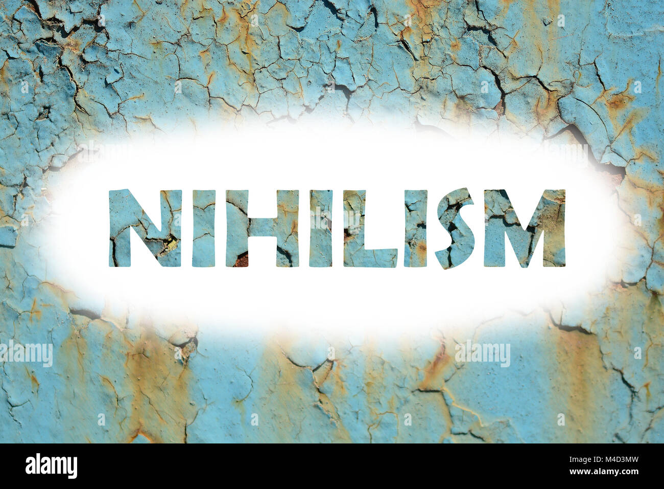 nihilism words print on the grunge metallic wall Stock Photo