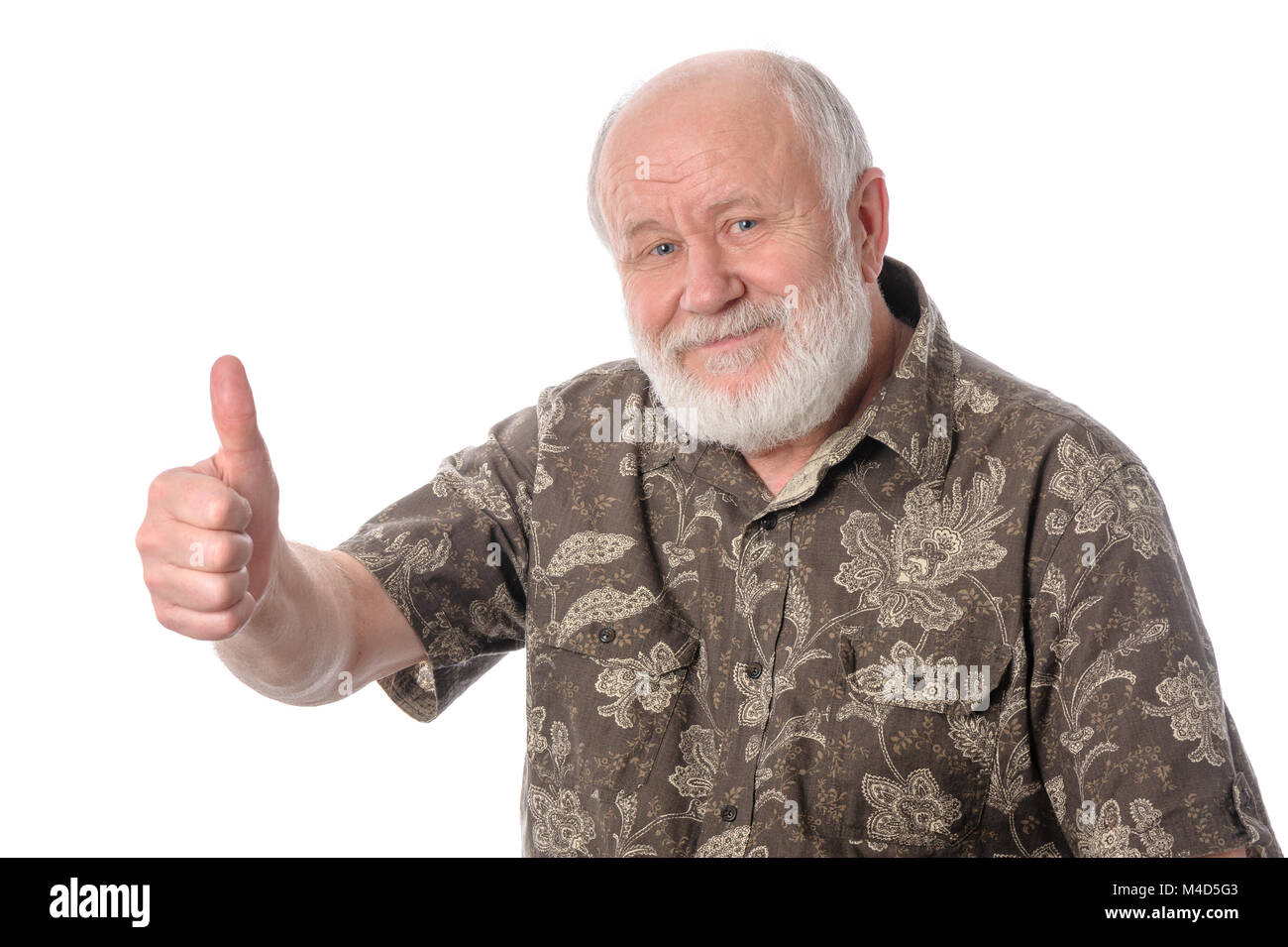 Senior man shows thumbs up gesture, isolated on white Stock Photo