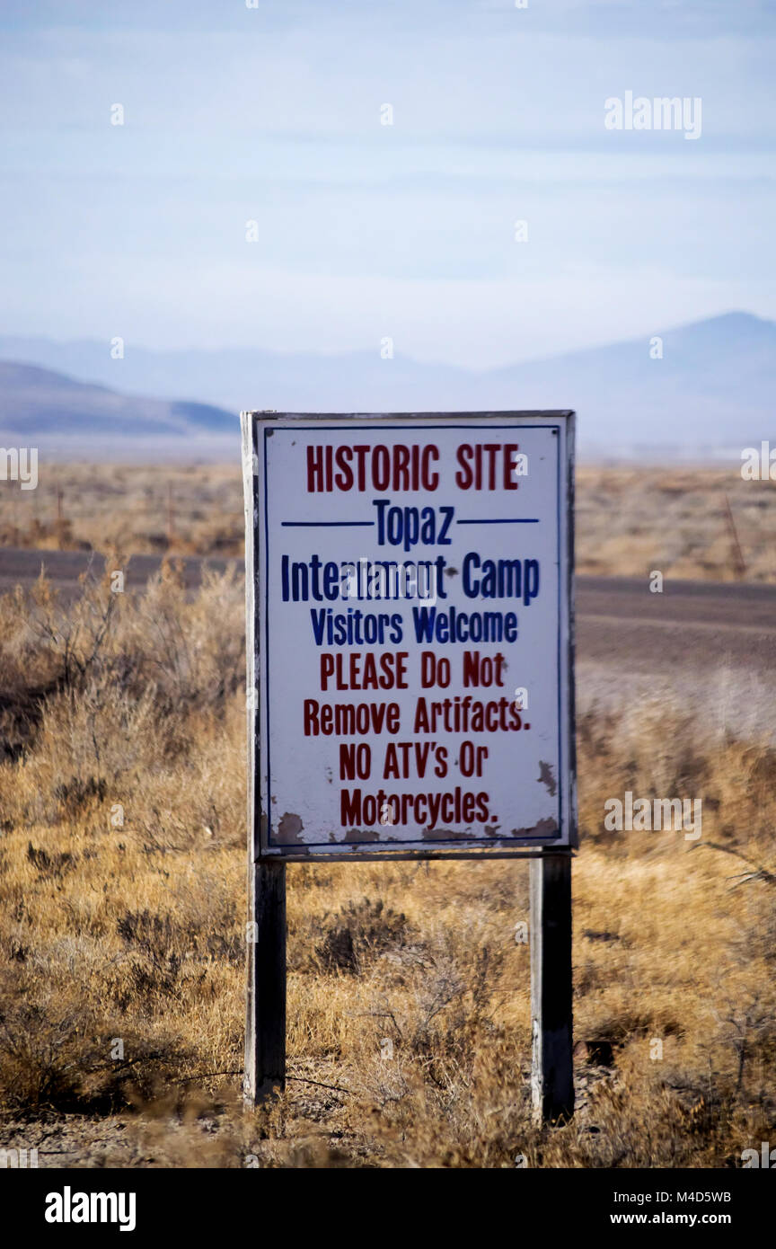 A sign marking entrance to the historical monument topaz interment camp in central Utah. Stock Photo