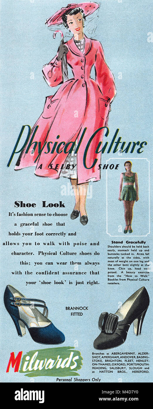 1949 British Advertisement For Physical Culture Shoes By Selby. Available  At Milwards Shoe Shops Stock Photo - Alamy