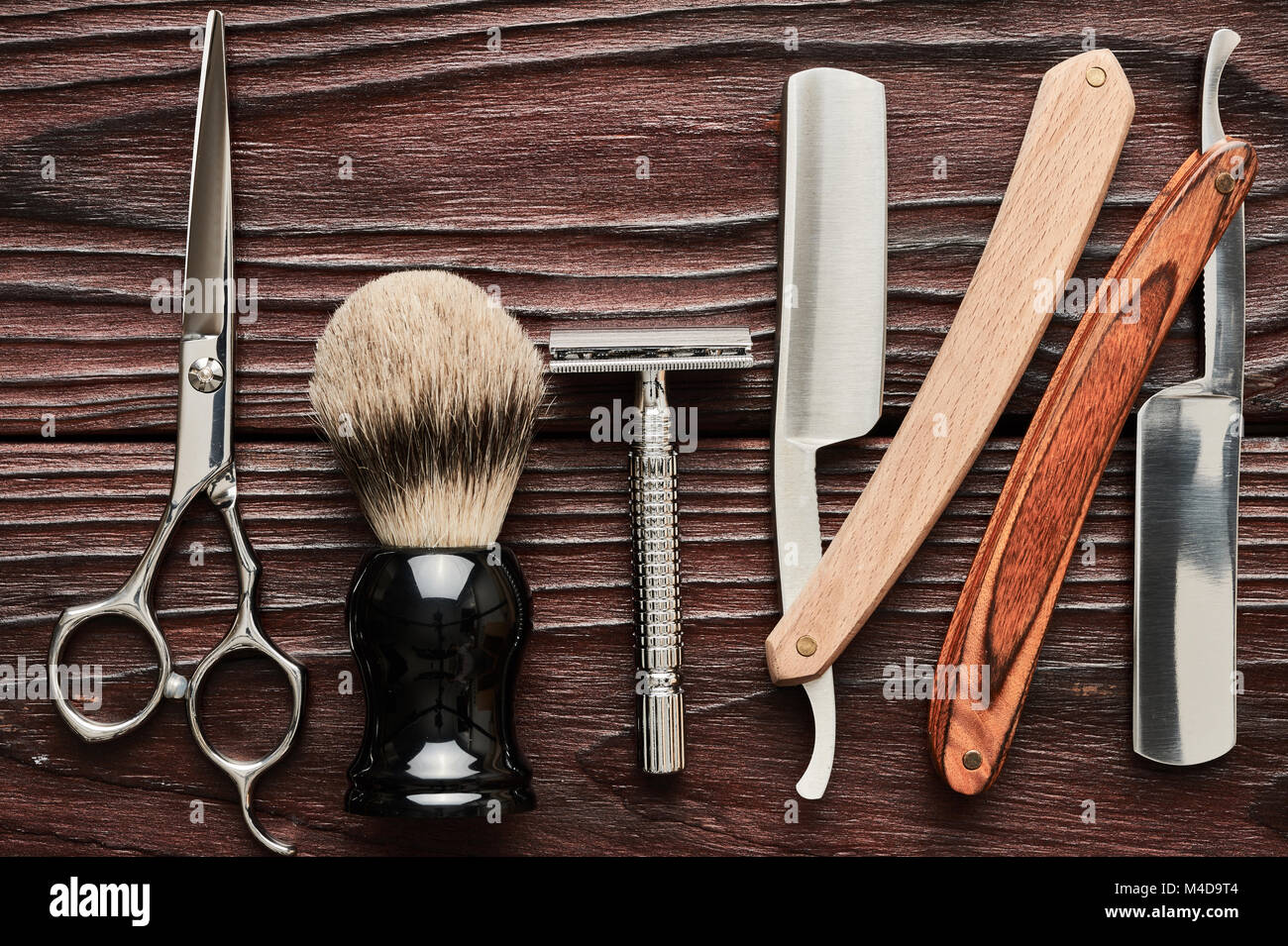 Vintage barber shop tools on wooden background Stock Photo - Alamy