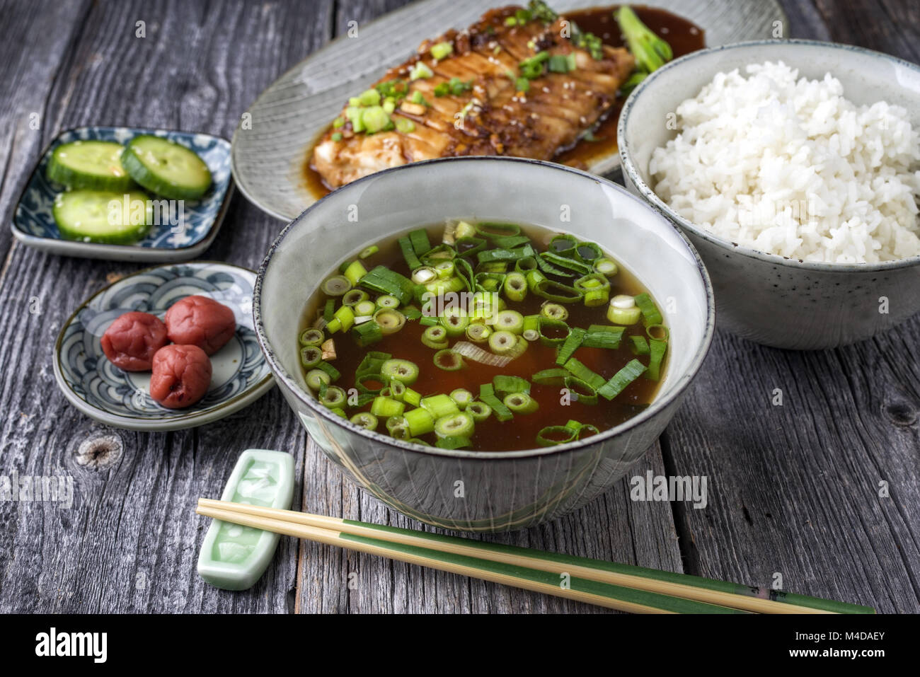 Fish Teriyaki with Rice and Miso Soup Stock Photo Alamy