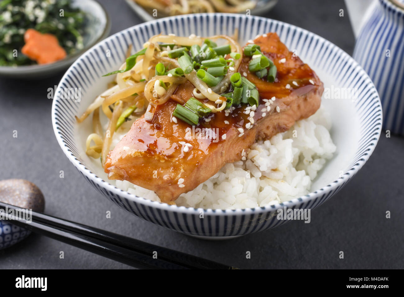 Salmon Teriyaki with Rice and Vegetable Stock Photo