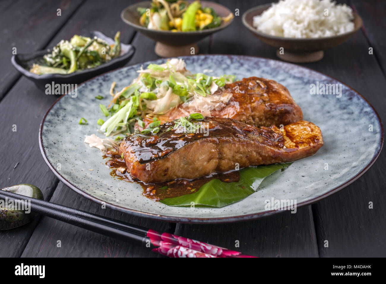 Salmon Teriyaki with Vegetable and Rice Stock Photo