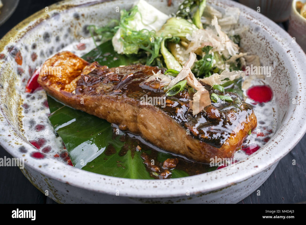 Salmon Teriyaki with Vegetable in Bowl Stock Photo