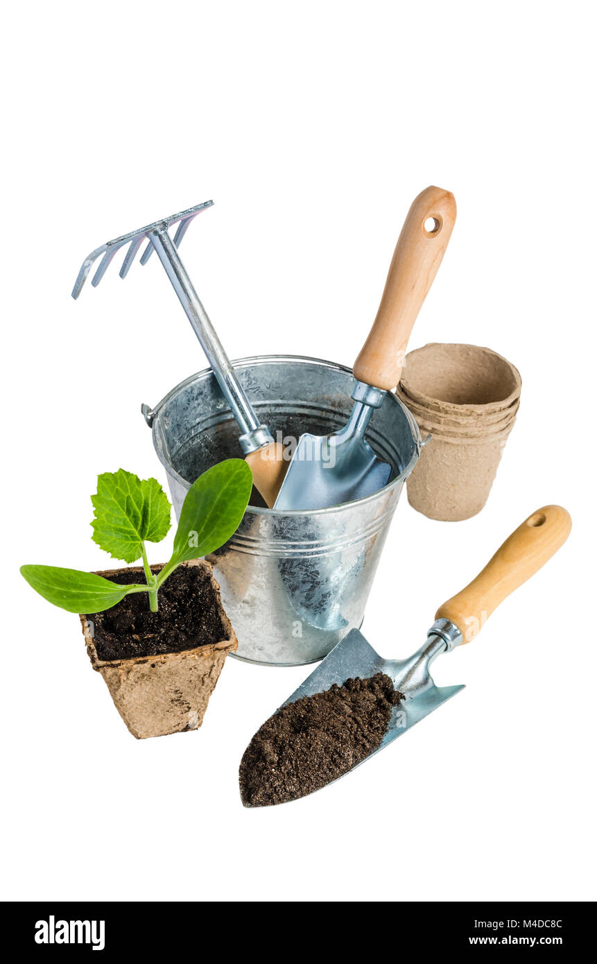 Garden tools for planting, isolated on white Stock Photo