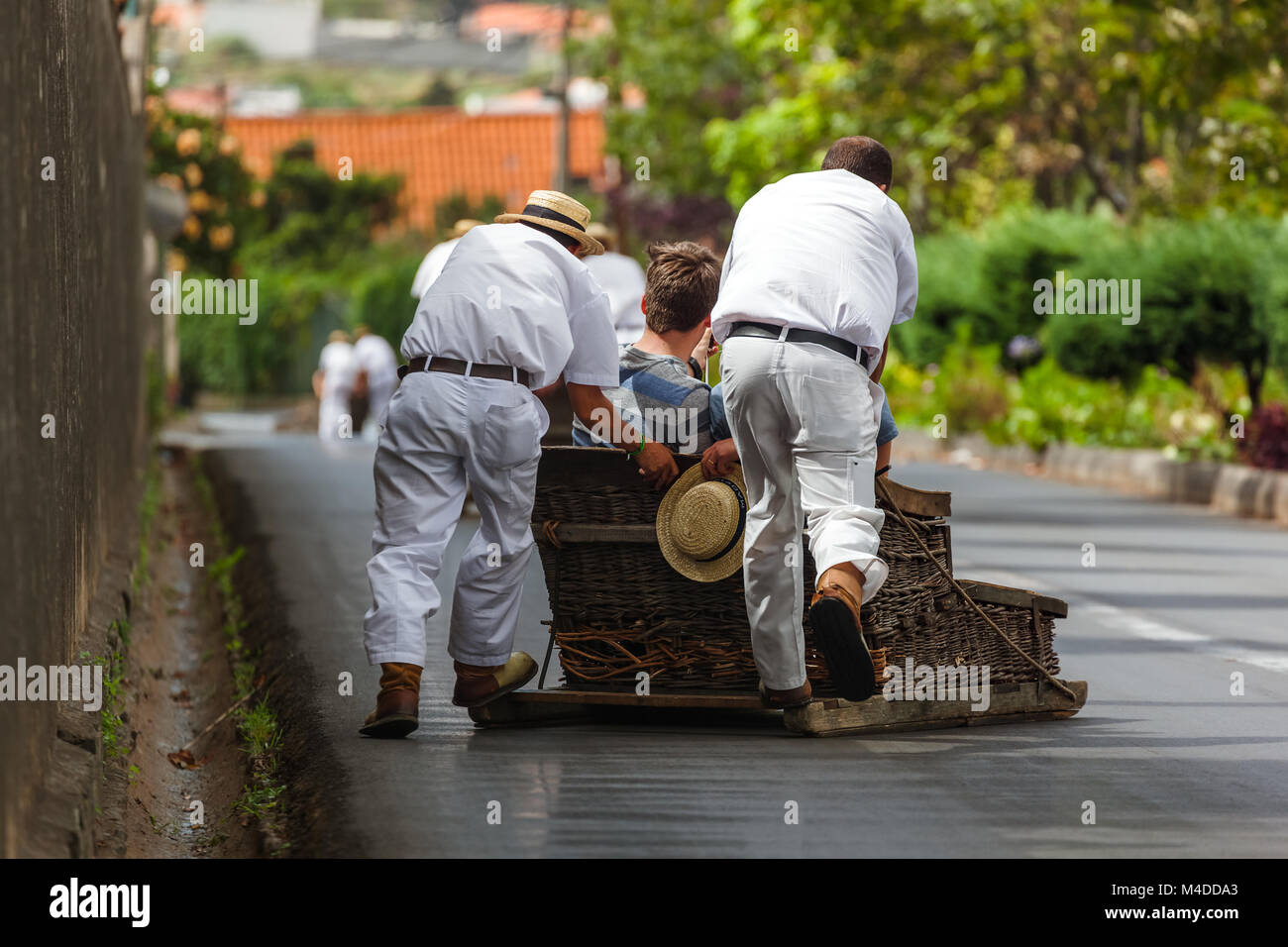 Toboggan riders on sledge in Monte Funchal Madeira Portugal Stock