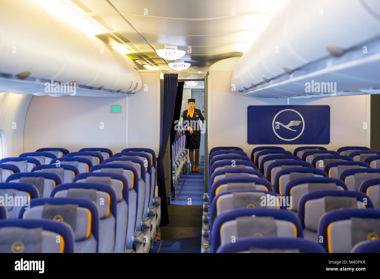 Lufthansa Airbus A380 airplane inside stewardess Stock Photo