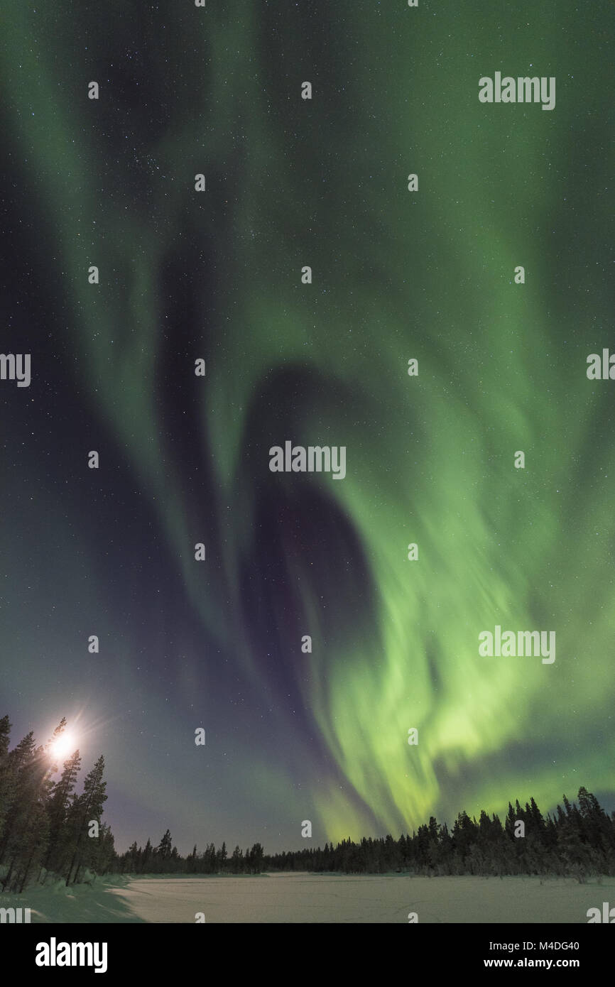 Northern lights above moonlit landscape, Lapland, Sweden Stock Photo