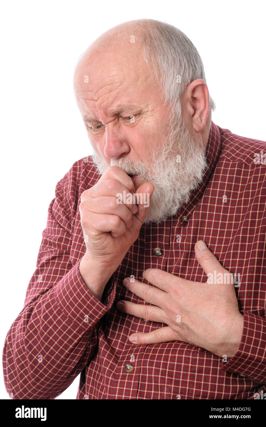 Senior man coughing, isolated on white Stock Photo