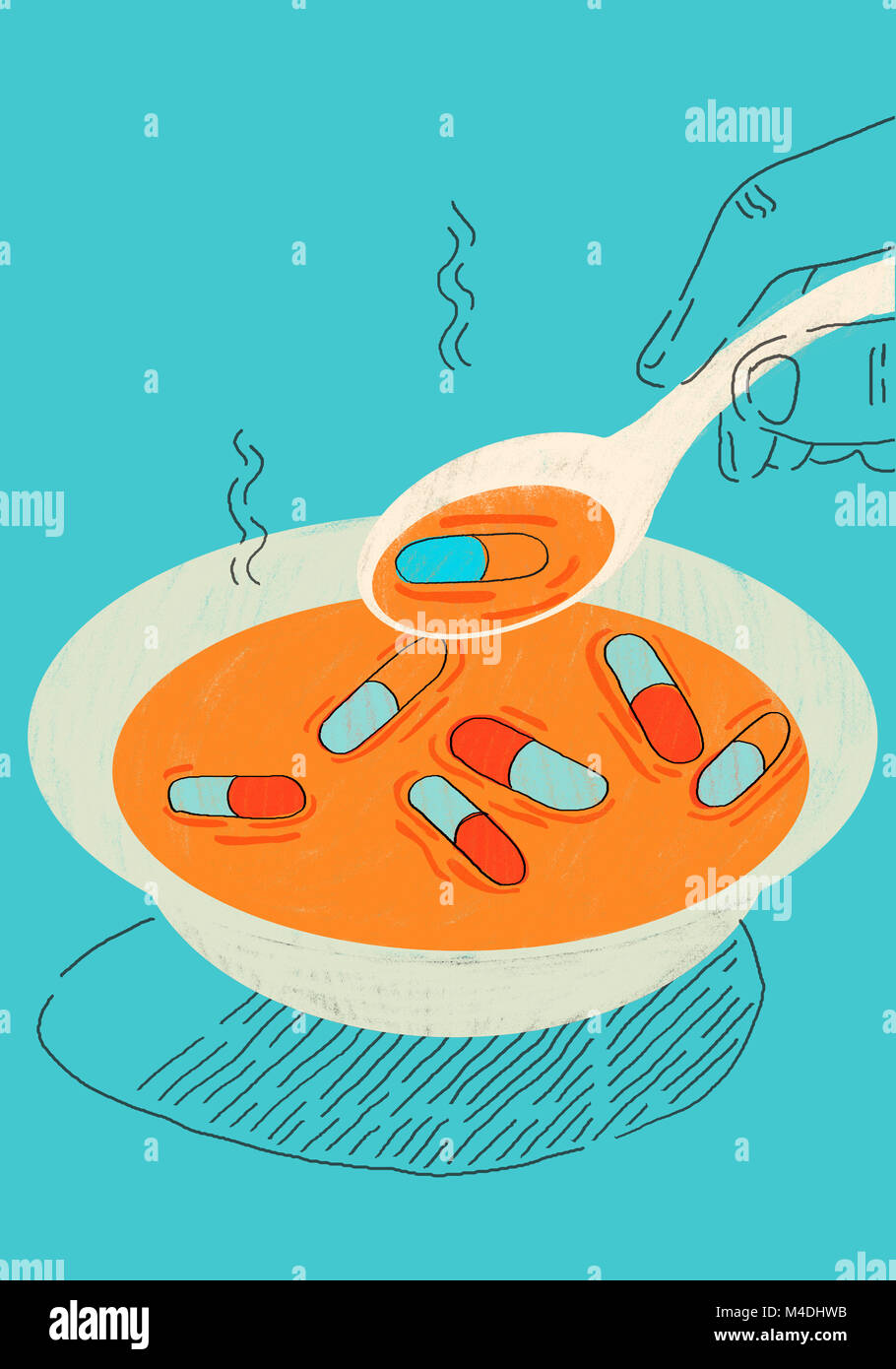 Soup of opioid drugs and analgesics concept. Excess consumption of analgesics. Stock Photo