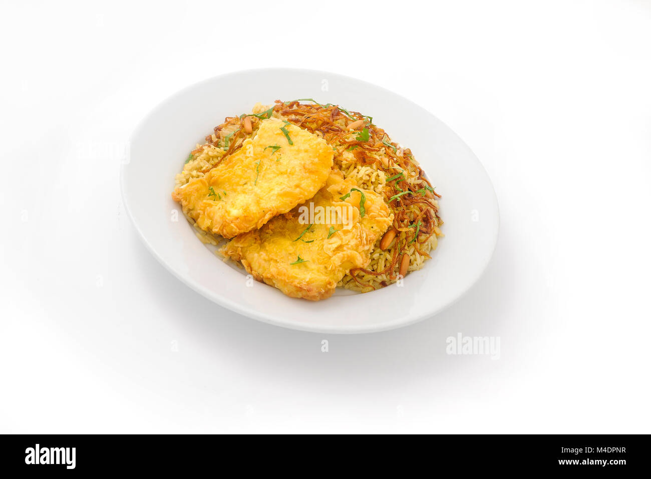 fried fish filet on rice Stock Photo