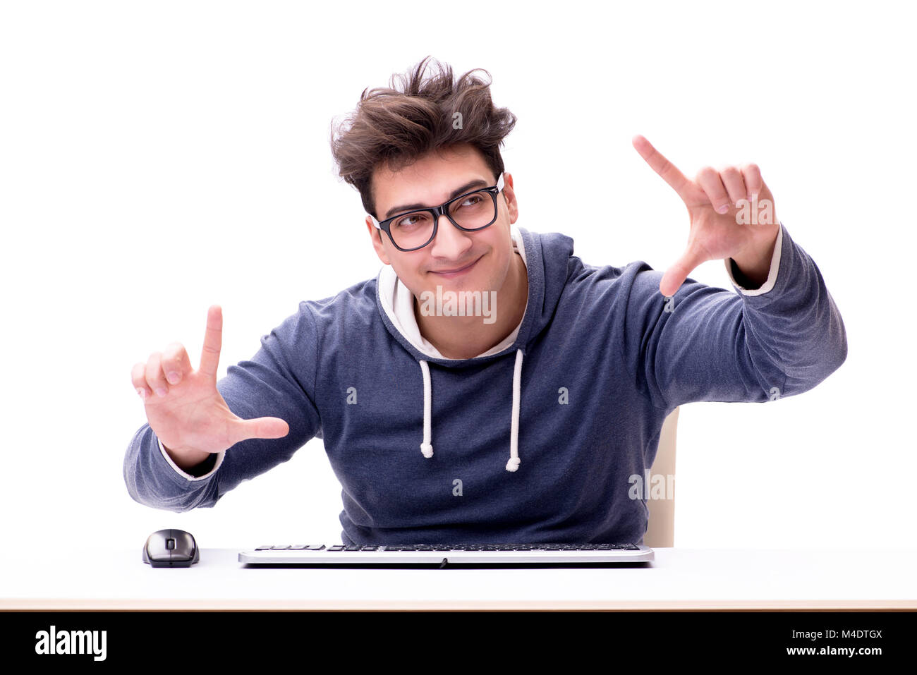 Funny nerd man working on computer isolated on white Stock Photo - Alamy