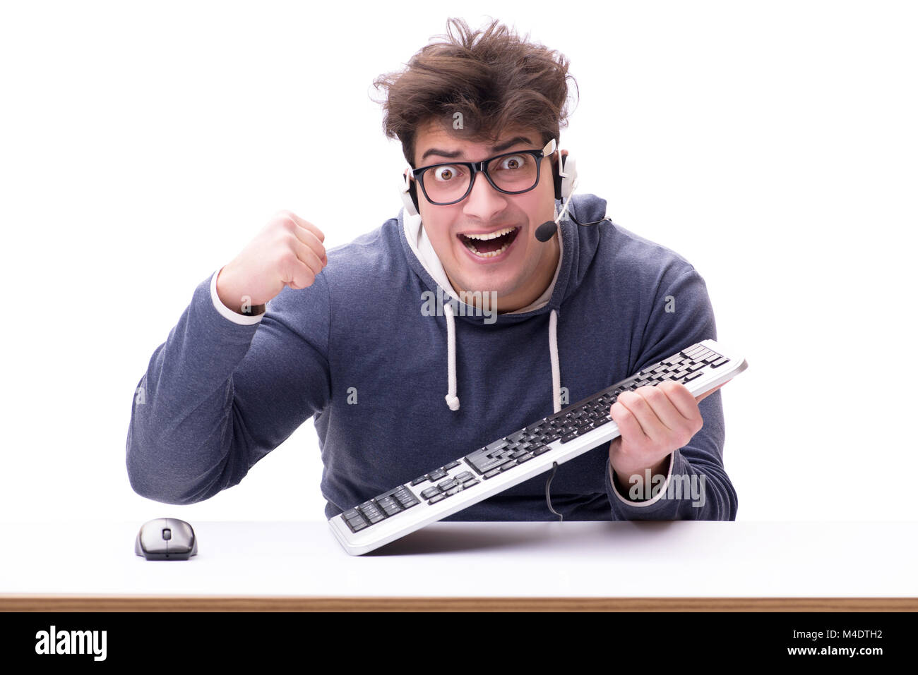Funny nerd man working on computer isolated on white Stock Photo - Alamy