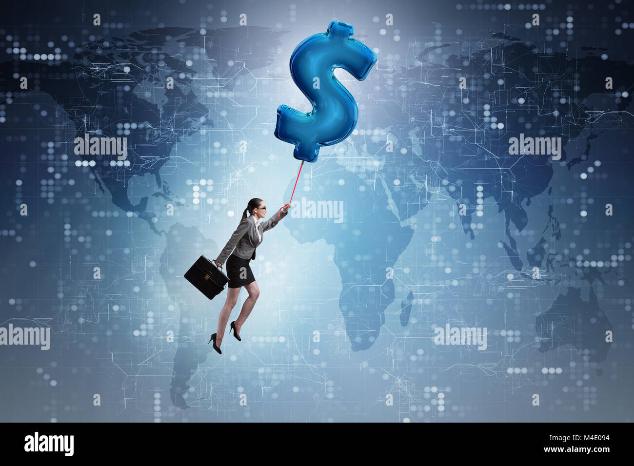 Businesswoman flying on dollar sign inflatable balloon Stock Photo - Alamy