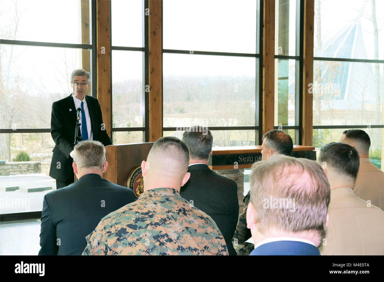 Dr. Barry Butler, president of Embry-Riddle Aeronautical University, delivers remarks at the ribbon-cutting ceremony for Microsoft Software & Systems Academy (MSSA) aboard Quantico Jan. 8, 2018.  ( Stock Photo