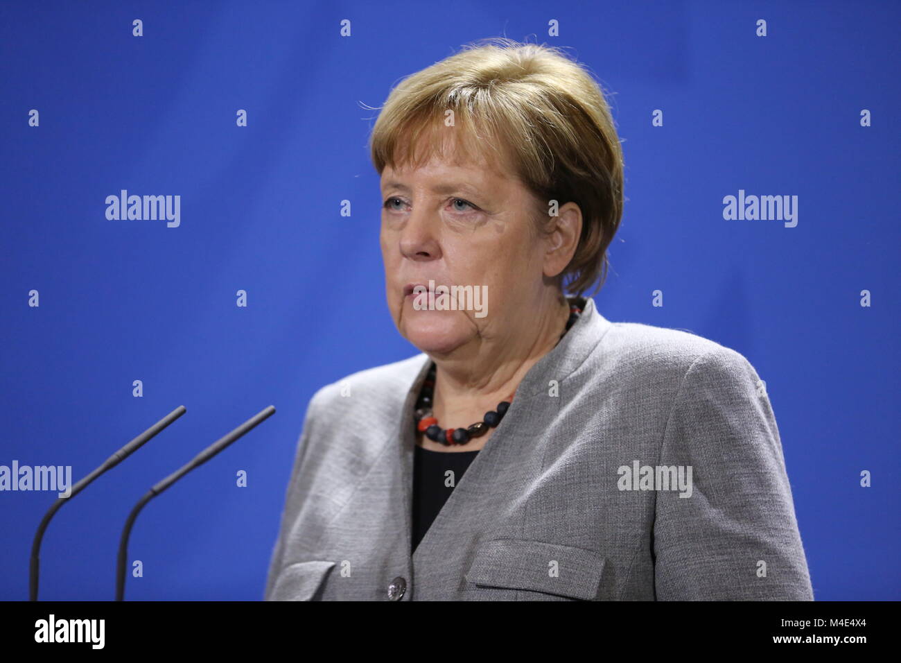 Berlin, Germany. 15th Feb, 2018. Berlin: Berlin: The photo shows German Chancellor Angela Merkel on the podium at the press conference in the Federal Chancellery. Credit: Simone Kuhlmey/Pacific Press/Alamy Live News Stock Photo