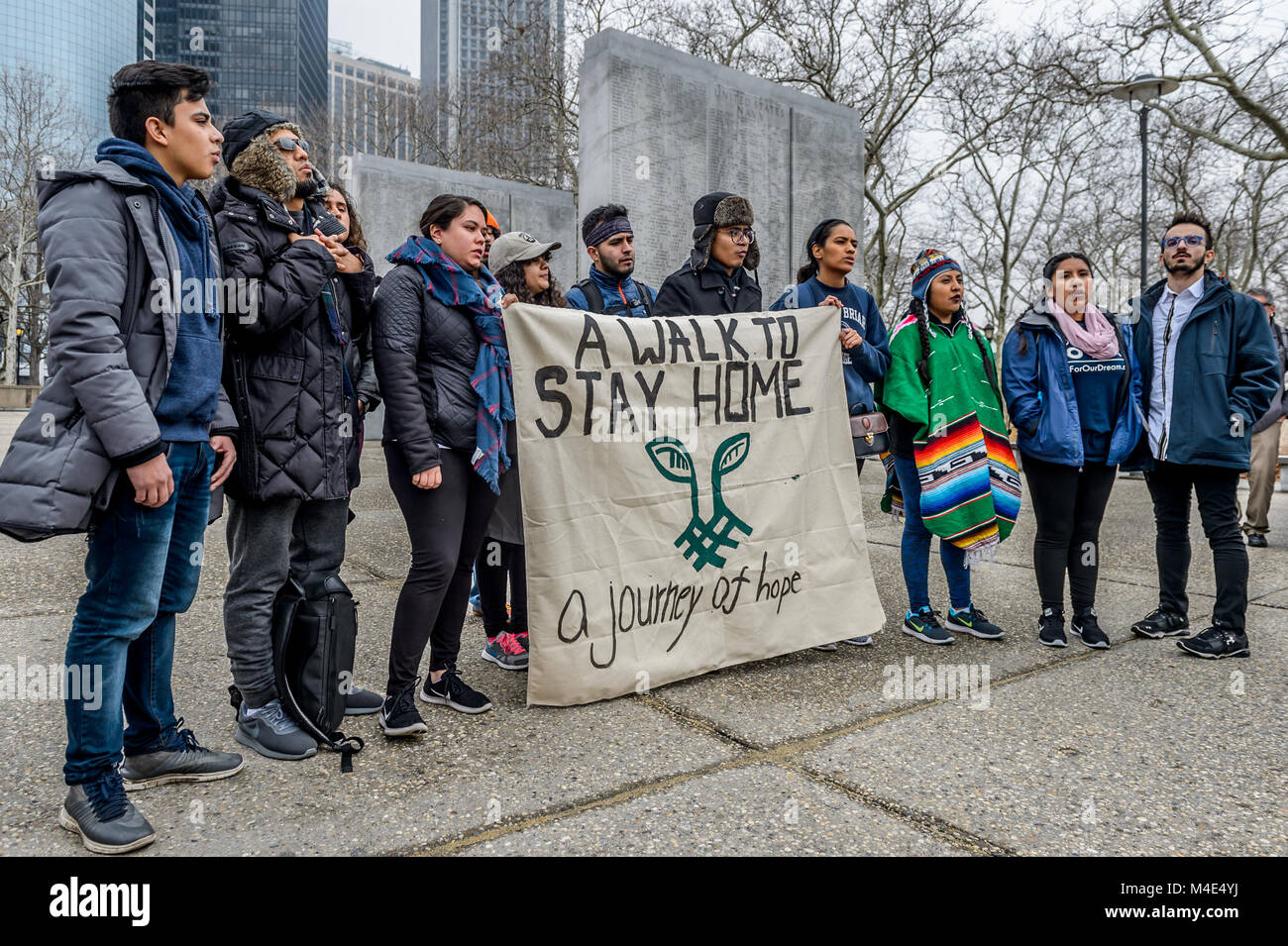 New York, United States. 15th Feb, 2018. On February 15, 2018; 11 undocumented youth and allies began The Walk to Stay Home, a 15-day walk from New York City's Battery Park to Washington, DC's Martin Luther King Jr. memorial. The 250-mile journey has been organized by the Seed Project with the support of the #OurDream Campaign to draw attention to the need for a clean Dream Act that not only grants permanent protection for undocumented youth but does not harm 11 million undocumented people living and working in the United States. Credit: Erik McGregor/Pacific Press/Alamy Live News Stock Photo