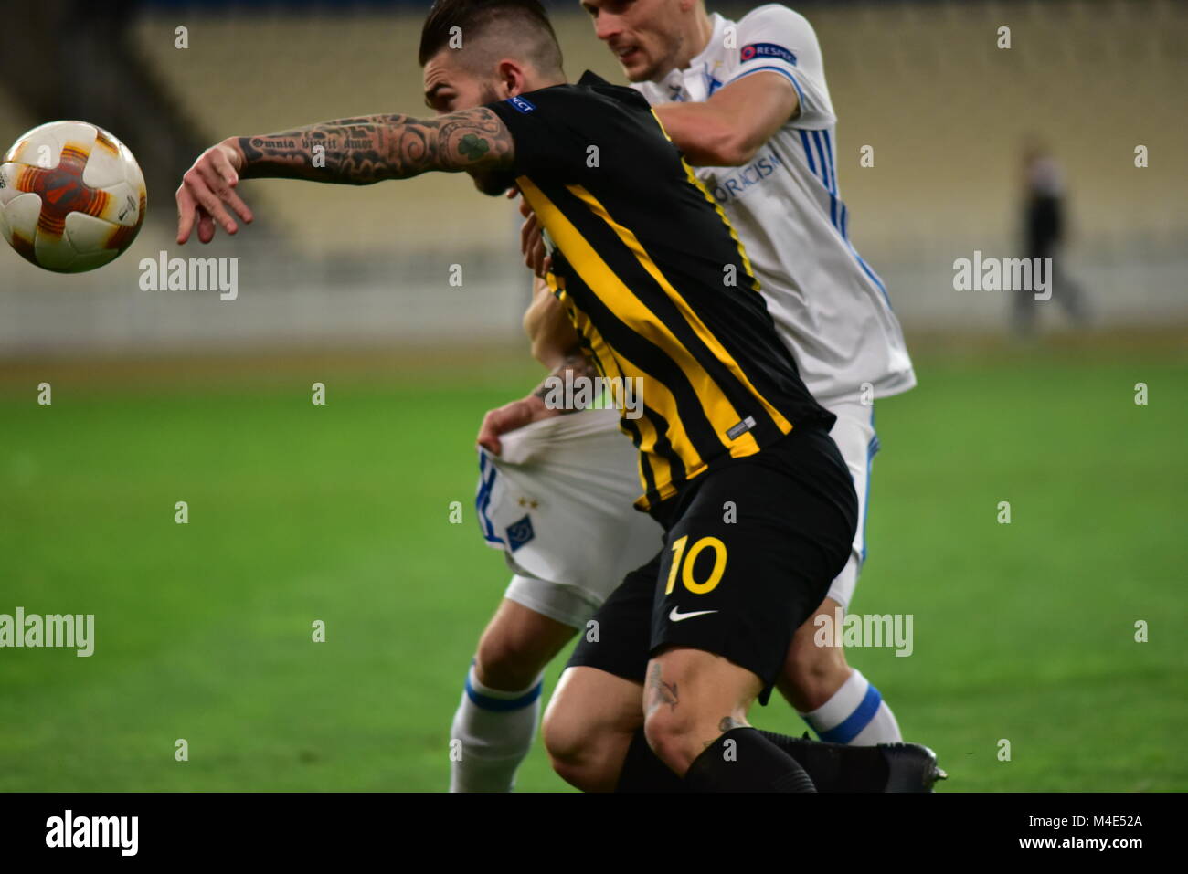 Athens, Greece. 15th Feb, 2018. Marko Livaja (no 10) of AEK tries to hold  the possession of the ball, during the match. Credit: Dimitrios  Karvountzis/Pacific Press/Alamy Live News Stock Photo - Alamy