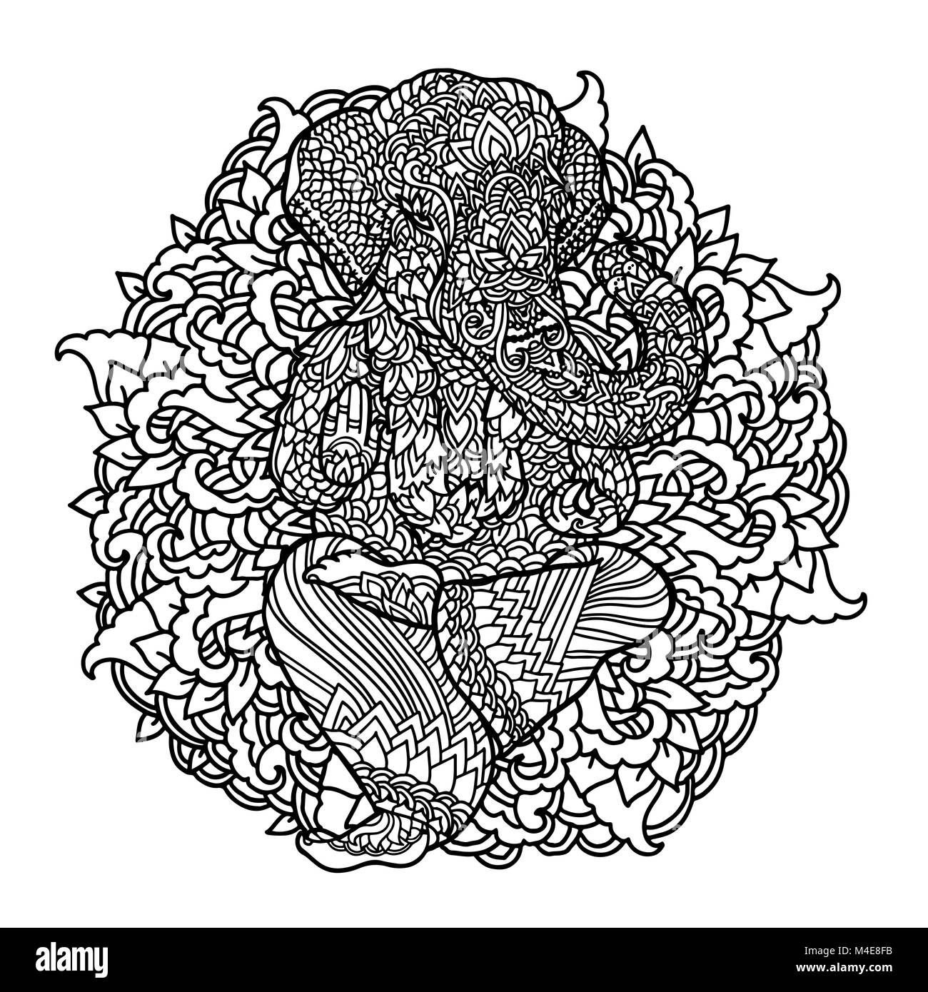 Lord Ganesha on indian mandala background. Asian pattern with leaves and flowers. Yoga style print. Black and white vector illustration. Stock Vector