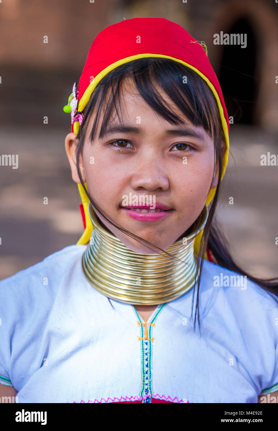Portrait of Kayan tribe woman in Bagan Myanmar Stock Photo