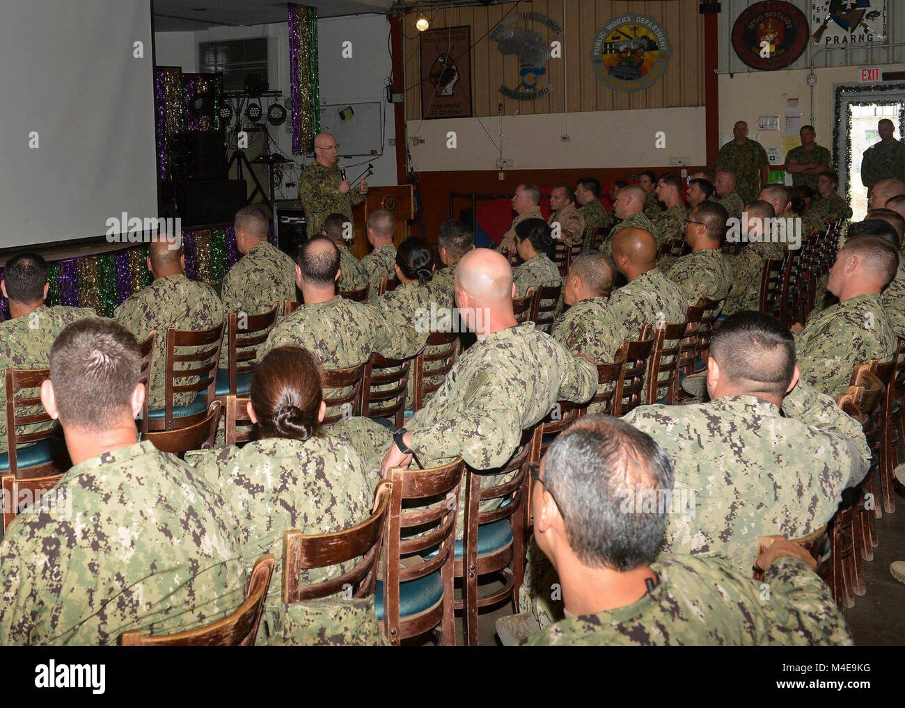 CAMP LEMONNIER, Djibouti - Rear Adm. W. Michael 'Sky' Crane, Commander, Naval Air Force Reserve and Deputy Commander, Naval Air Force Pacific Fleet, visited Sailors deployed to Camp Lemonnier, Feb. 9-11, 2018. During his visit, Crane conducted an All Hands Call with Navy Reserve personnel providing insight on current and future operations. (U.S. Navy Stock Photo