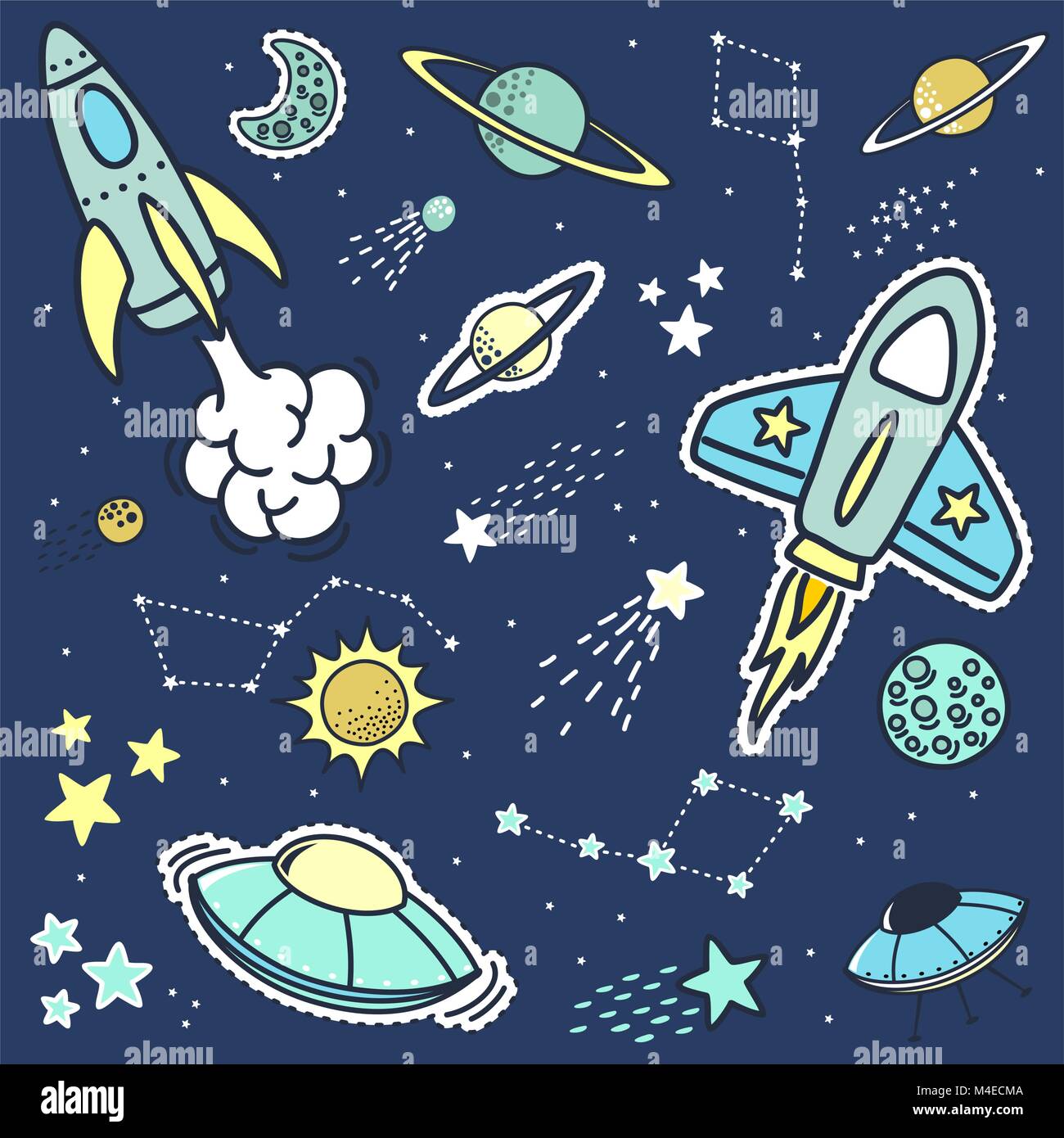 set of space objets stickers patches and design elements, design for children Stock Vector