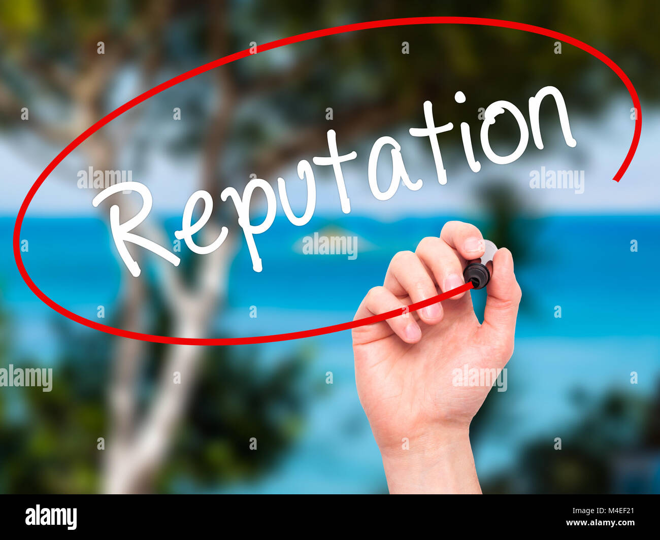 Man Hand writing Reputation with black marker on visual screen Stock Photo