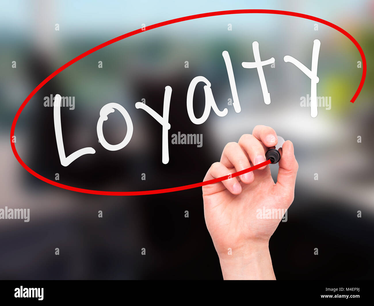 Man Hand writing Loyalty with marker on transparent wipe board Stock Photo