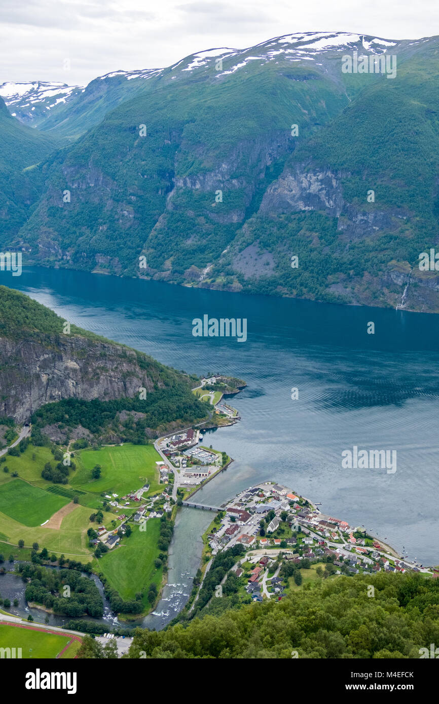Aerial view of Aurlandsvangen and Aurlandsfjord, Sogn og Fjordane, Norway Stock Photo