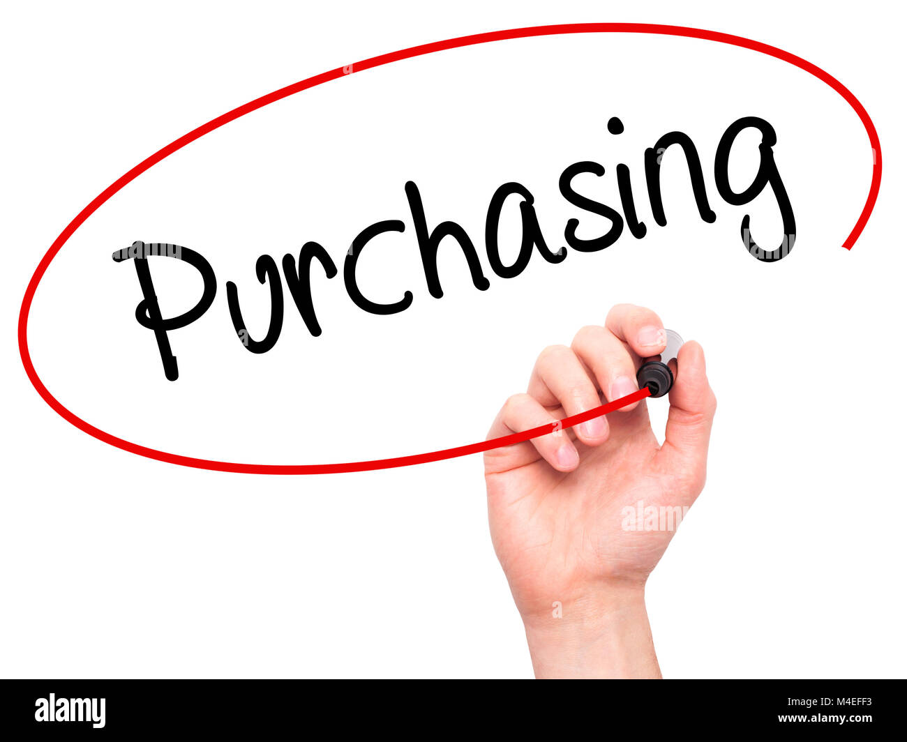 Man Hand writing Purchasing with black marker on visual screen. Stock Photo