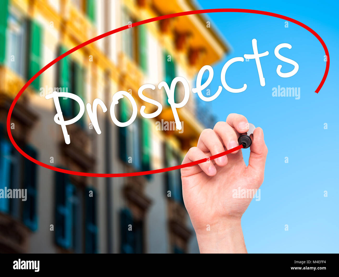 Man Hand writing Prospects with black marker on visual screen Stock Photo