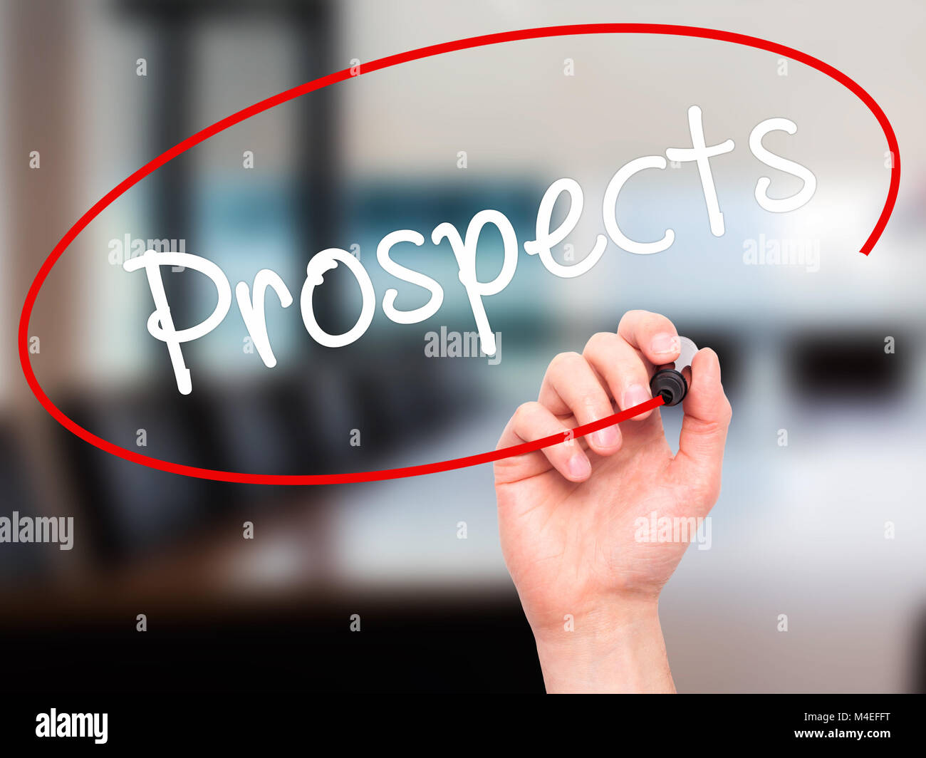Man Hand writing Prospects with black marker on visual screen Stock Photo