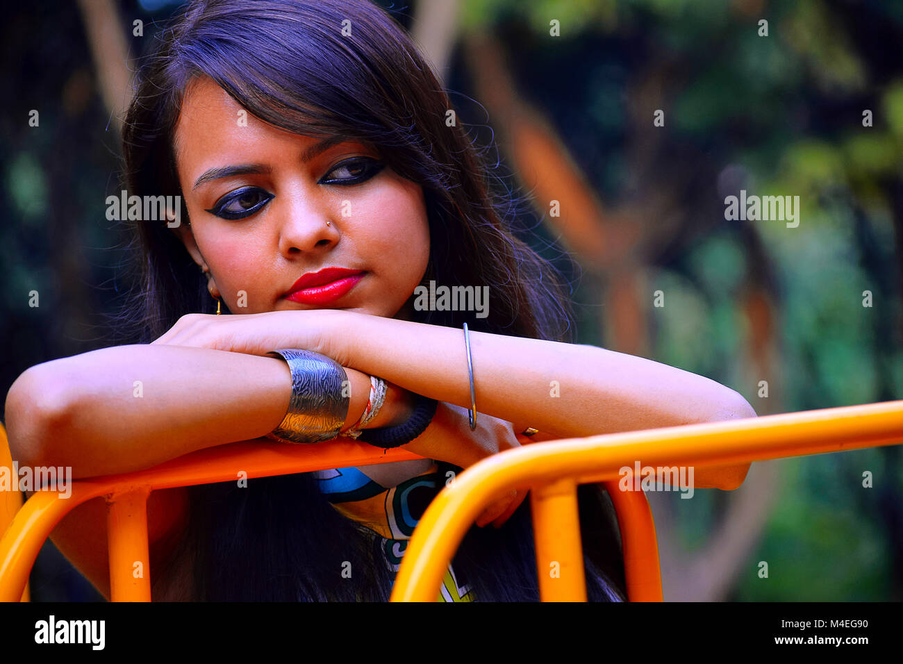 Young girl looking at , Maharashtra. Stock Photo