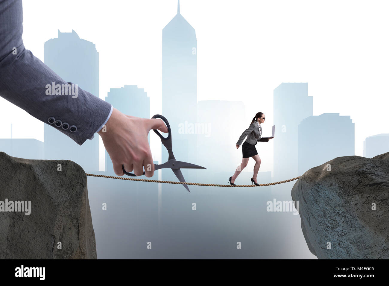 Cutting Through Ropes Hand cutting the rope under businesswoman tightrope walker Stock Photo ...