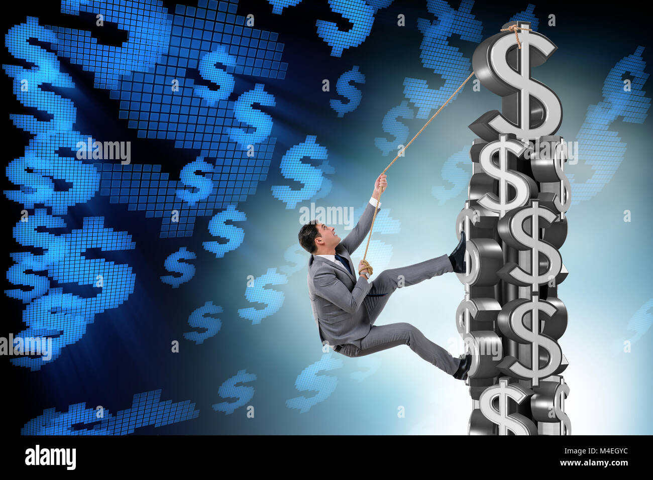 Businessman climbing dollar challenge tower Stock Photo Alamy